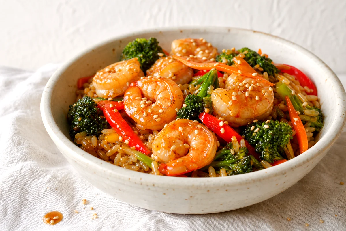 Glossy ginger garlic shrimp with broccoli, carrots, peppers, sesame seeds, and brown rice in a white ceramic bowl