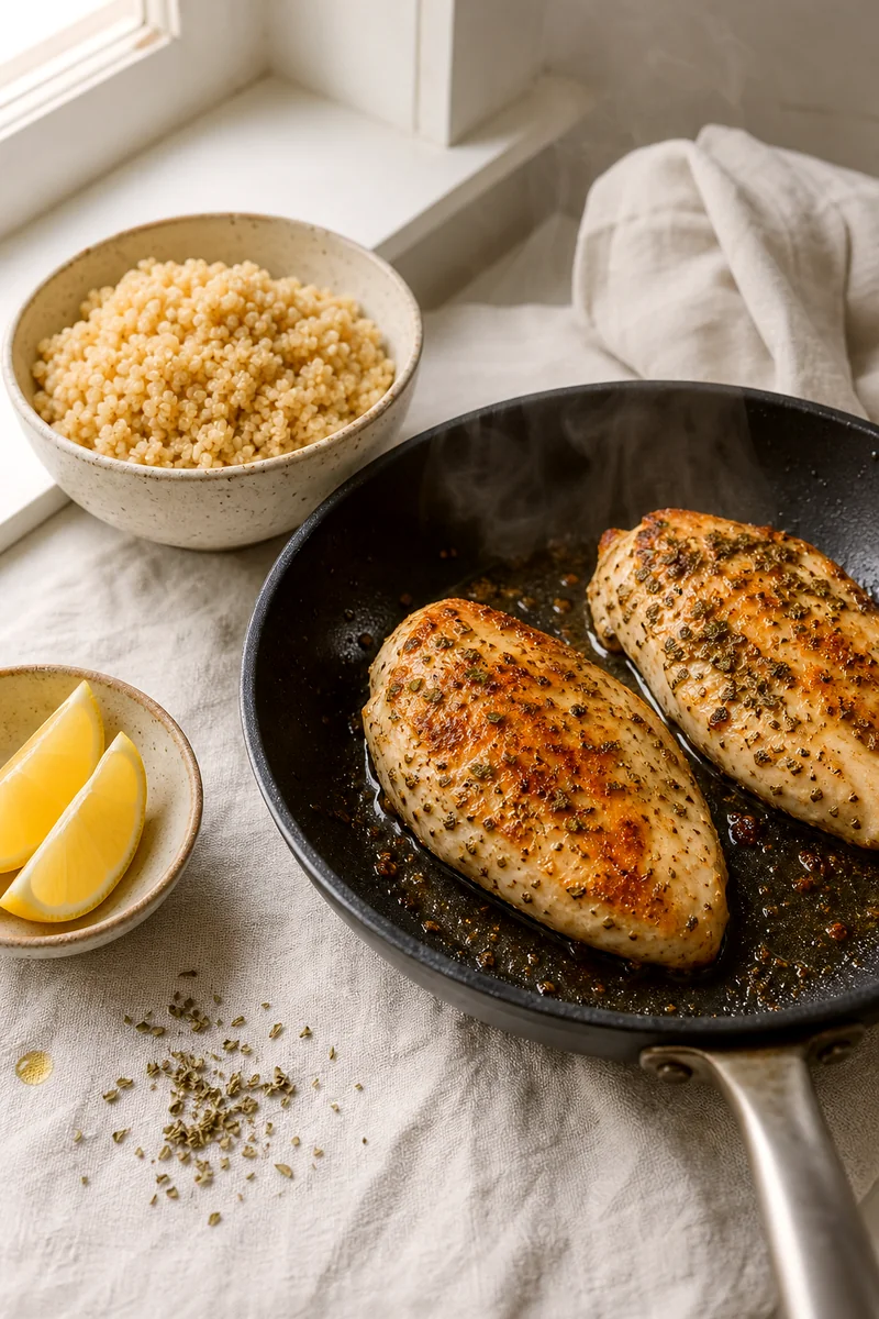 Chicken breasts searing in a skillet with golden edges, lemon wedges, oregano, and cooked quinoa nearby