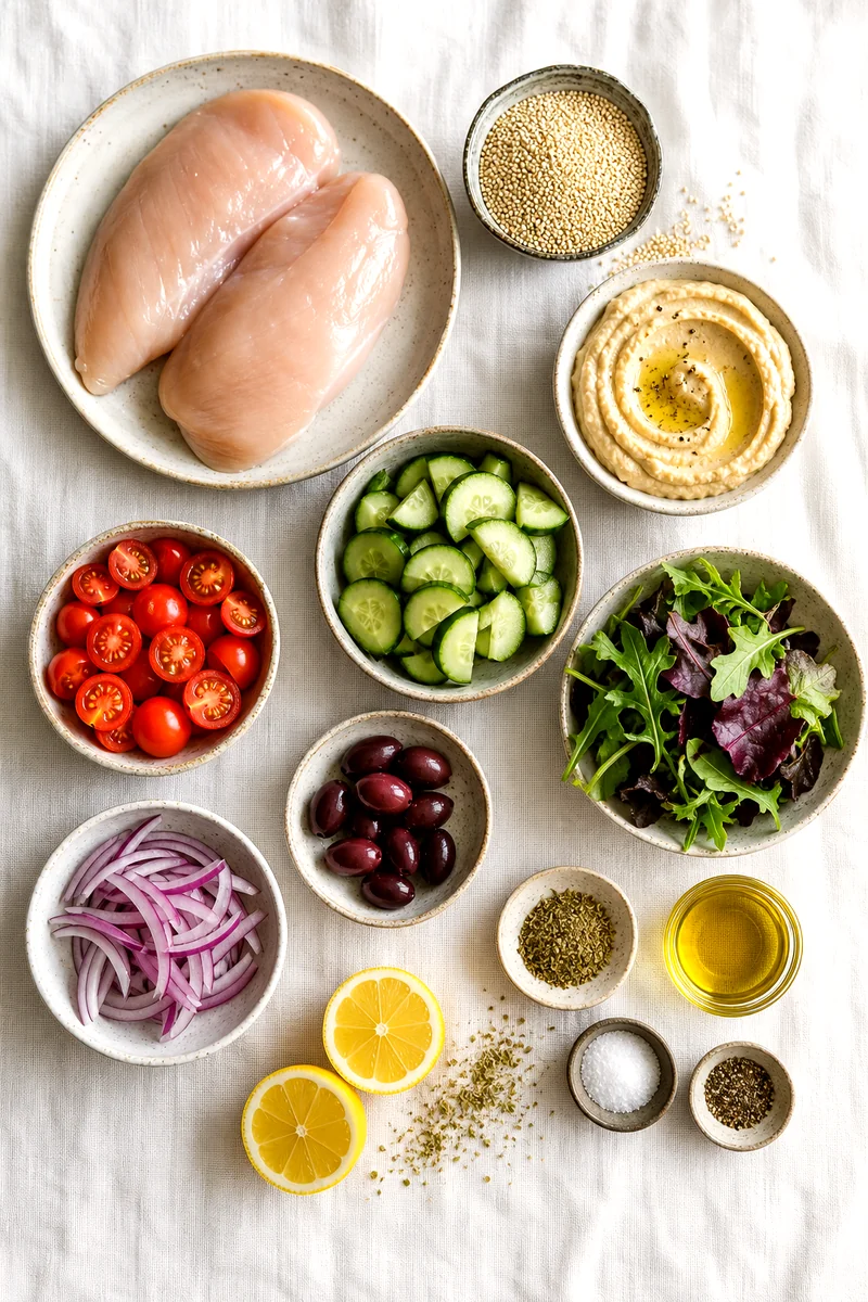 Chicken breast, quinoa, hummus, cucumber, tomatoes, greens, olives, red onion, lemon, and oregano arranged on white linen