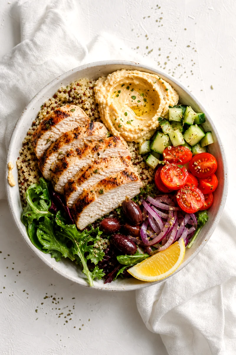 Overhead view of a Greek chicken quinoa bowl with hummus, fresh vegetables, olives, and lemon