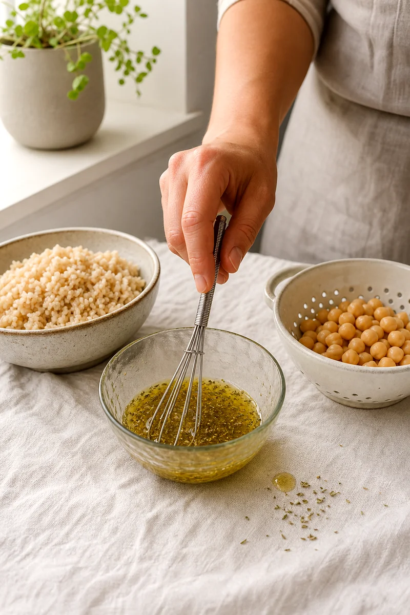 Lemon oregano dressing being whisked beside cooked brown rice and chickpeas