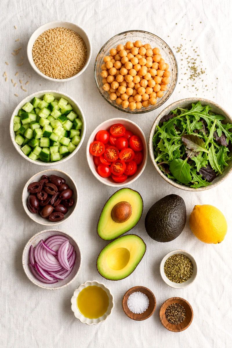Brown rice, chickpeas, cucumber, tomatoes, greens, olives, avocado, lemon, onion, and oregano on white linen