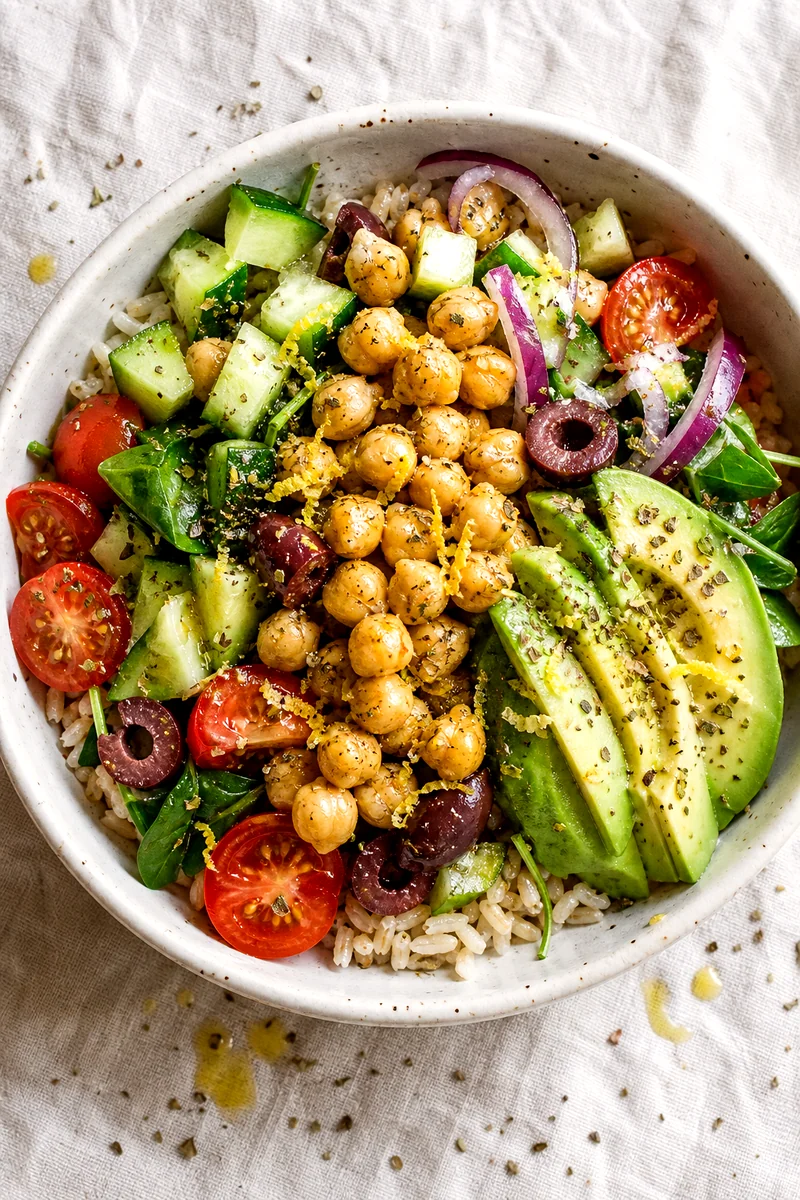 Top view of chickpea brown rice bowl with avocado, cucumber, tomatoes, olives, greens, and red onion