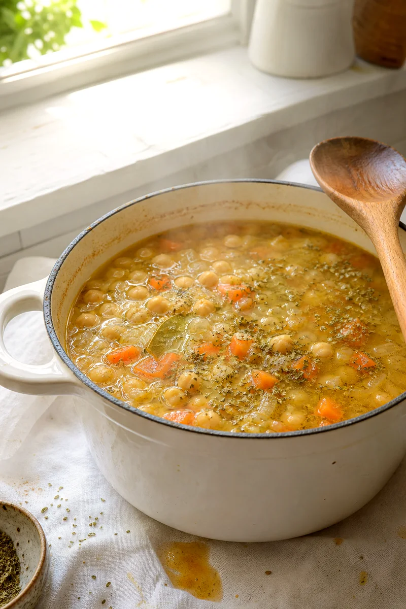 Chickpea soup simmering with carrots, oregano, and bay leaf in a rustic white pot