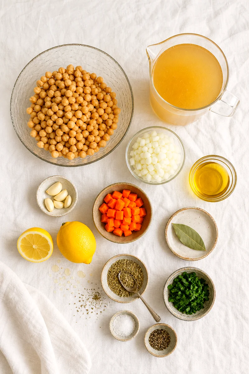 Chickpeas, carrots, onion, garlic, lemon, herbs, broth, and olive oil arranged on white linen