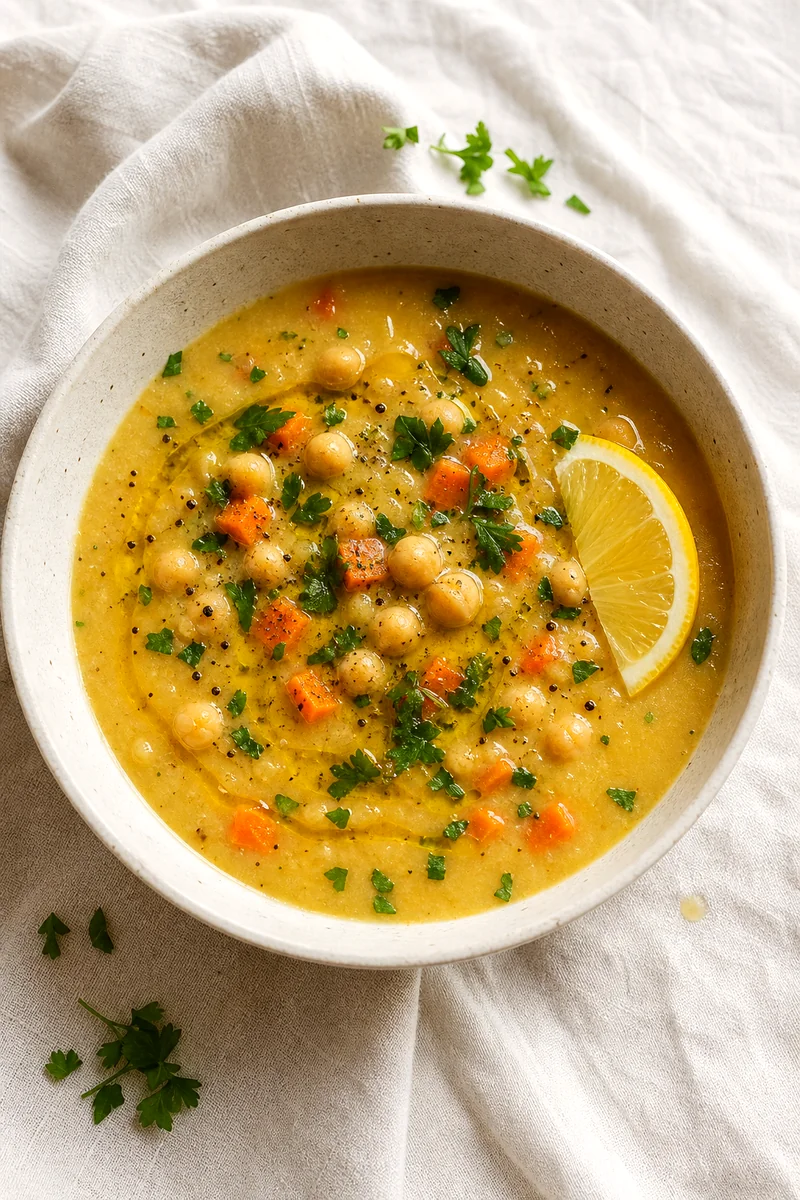 Creamy golden chickpea lemon soup topped with parsley, olive oil, and black pepper