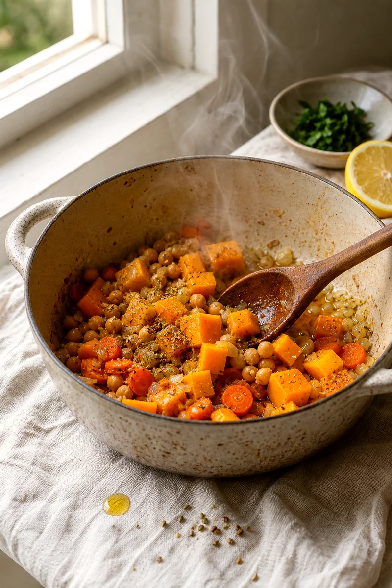 Pumpkin, carrots, chickpeas, onion, garlic, oregano, and cumin being stirred in a rustic pot