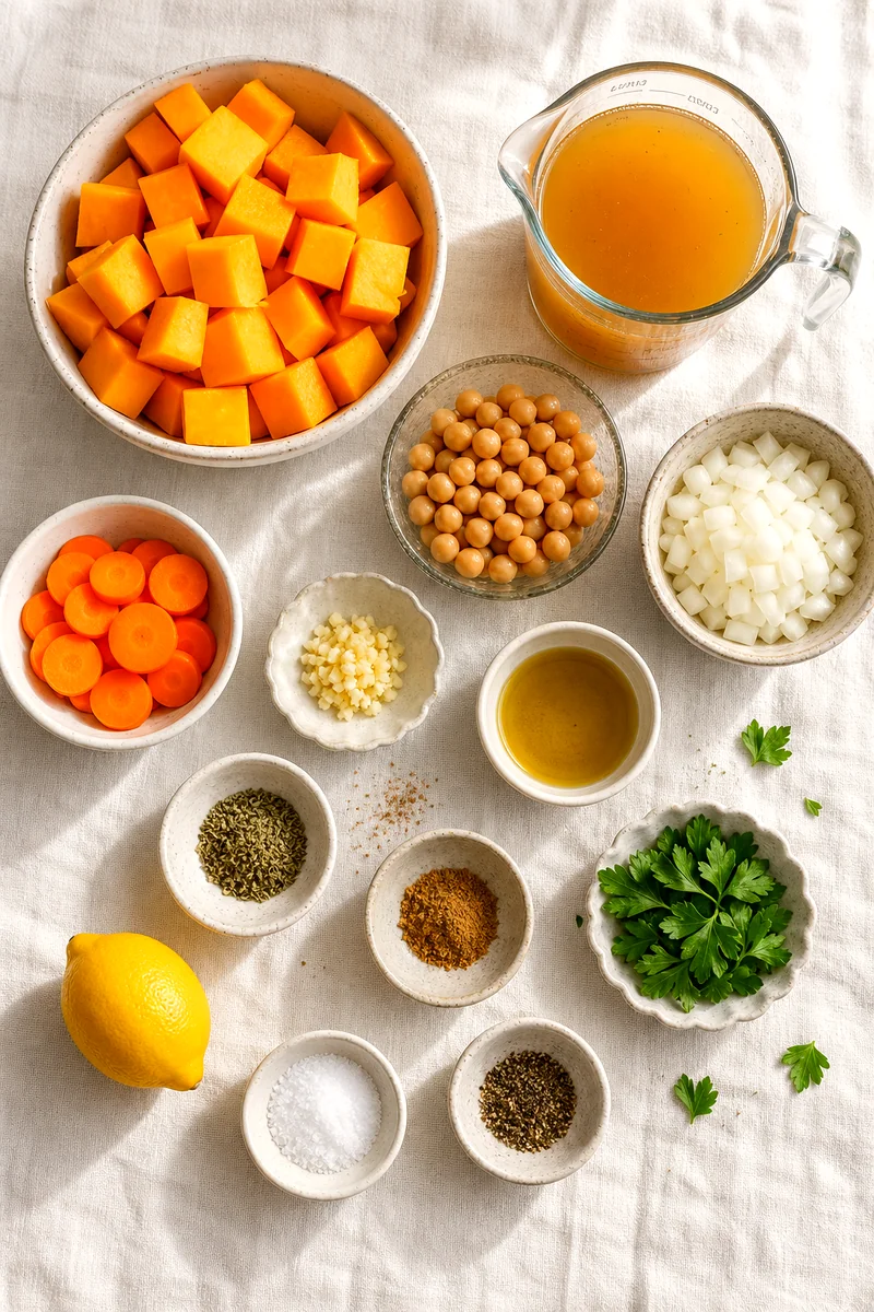 Pumpkin cubes, chickpeas, carrots, onion, garlic, broth, herbs, spices, lemon, and parsley on white linen