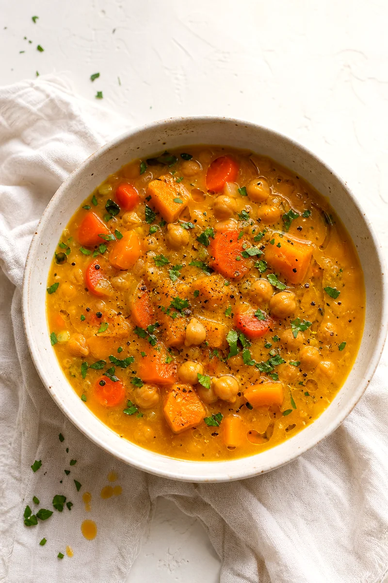 Top down bowl of golden pumpkin soup with chickpeas, carrots, parsley, black pepper, and olive oil