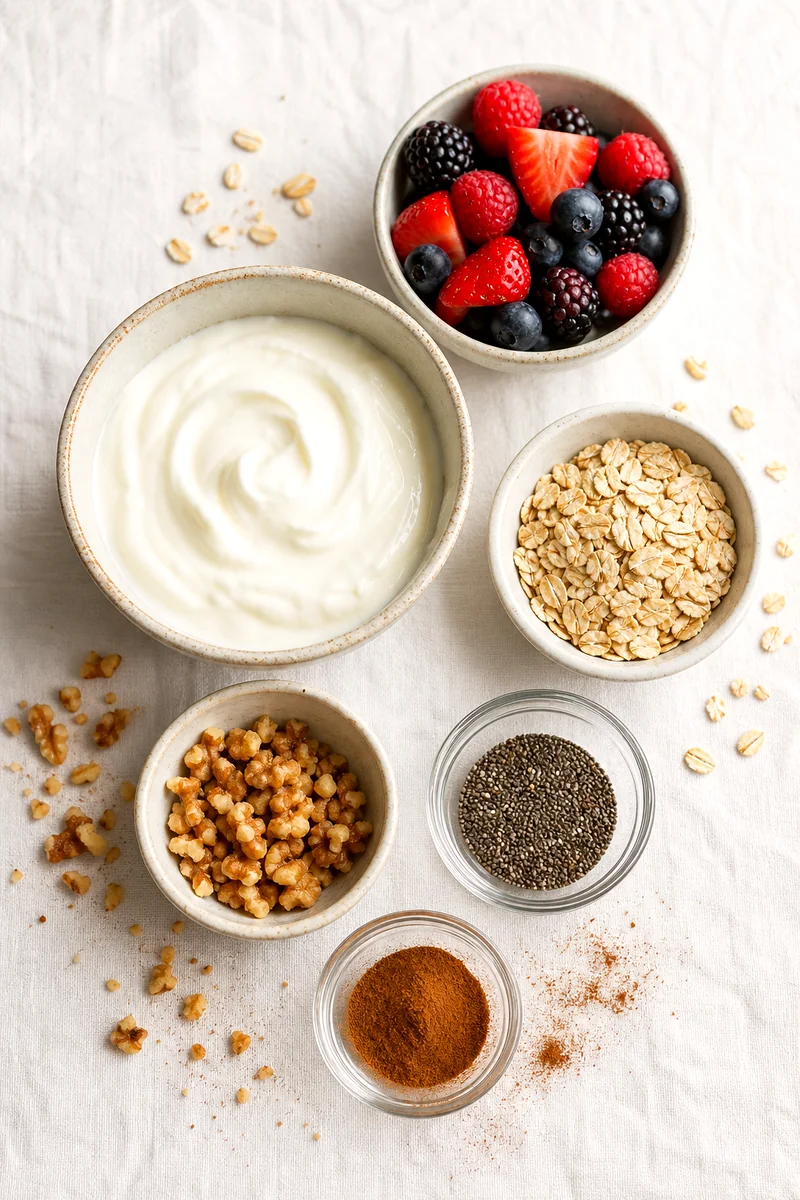 Greek yogurt, mixed berries, oats, walnuts, chia seeds, and cinnamon arranged on white linen