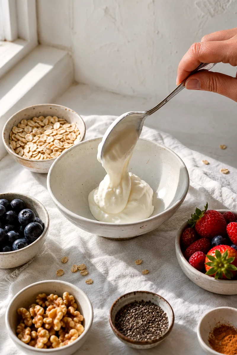 Hand spooning thick Greek yogurt into a white bowl with breakfast toppings nearby
