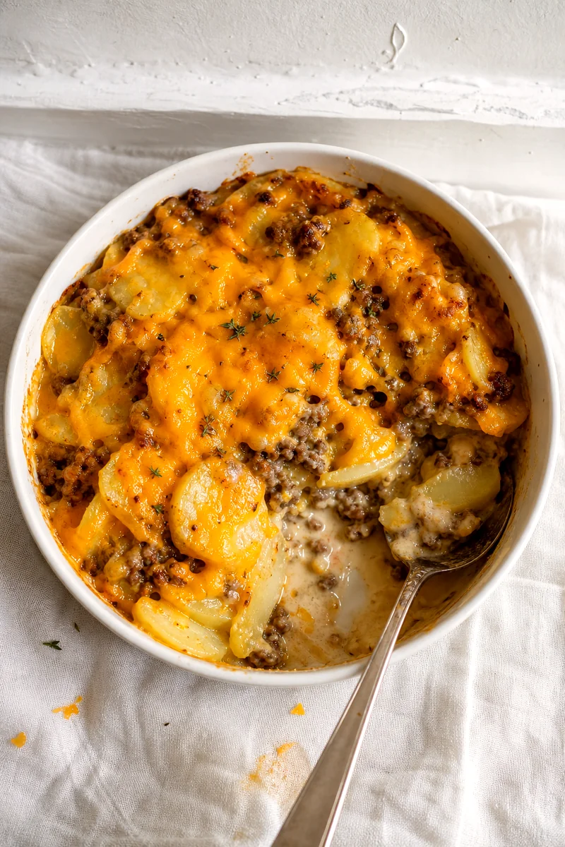 Bowl of ground beef potato casserole showing potato layers, beef, and melted cheddar