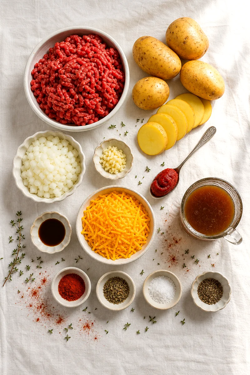 Ground beef, potatoes, onion, garlic, tomato paste, broth, cheddar, and seasonings on white linen