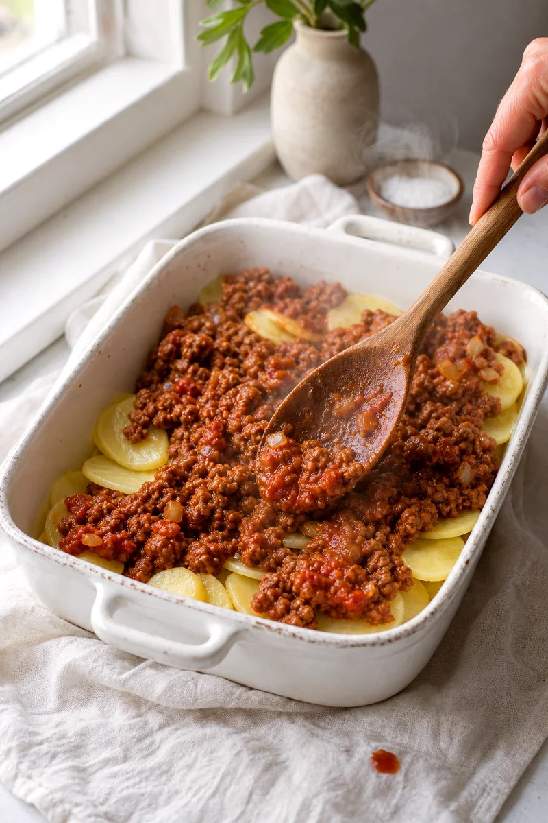 Saucy browned beef being spooned over sliced potatoes in a white ceramic baking dish