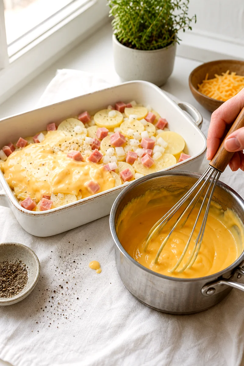 Cheddar sauce being whisked beside layers of potatoes, ham, and onion in a baking dish