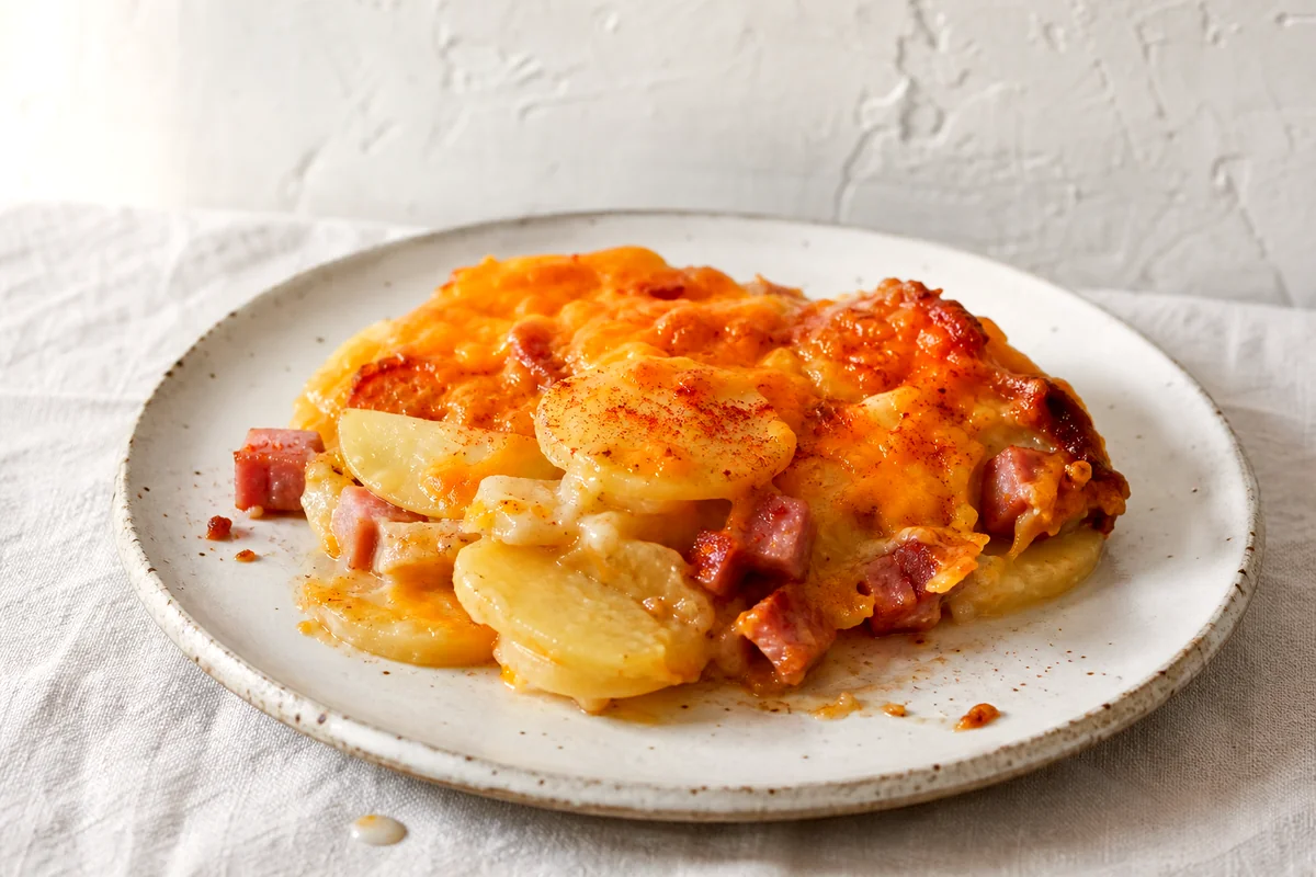 Creamy ham and potato casserole with browned cheddar on a white ceramic plate