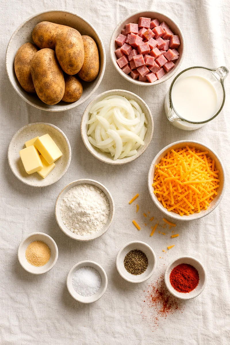 Russet potatoes, diced ham, onion, cheddar, milk, butter, flour, and spices on white linen