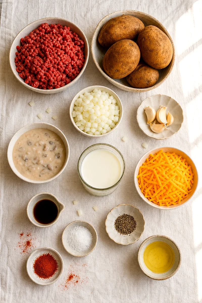 Ground beef, russet potatoes, cheddar, mushroom soup, milk, onion, garlic, and seasonings arranged on white linen