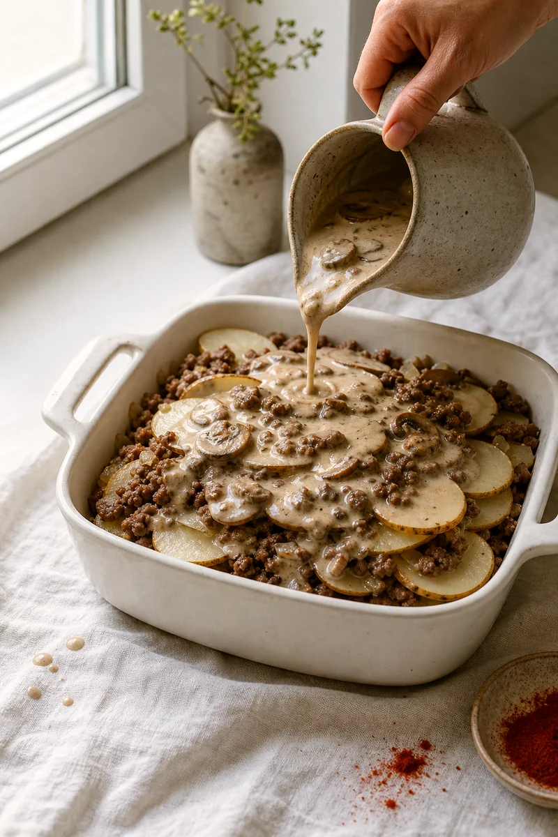 Creamy mushroom sauce poured over layered potatoes and browned ground beef in a white baking dish