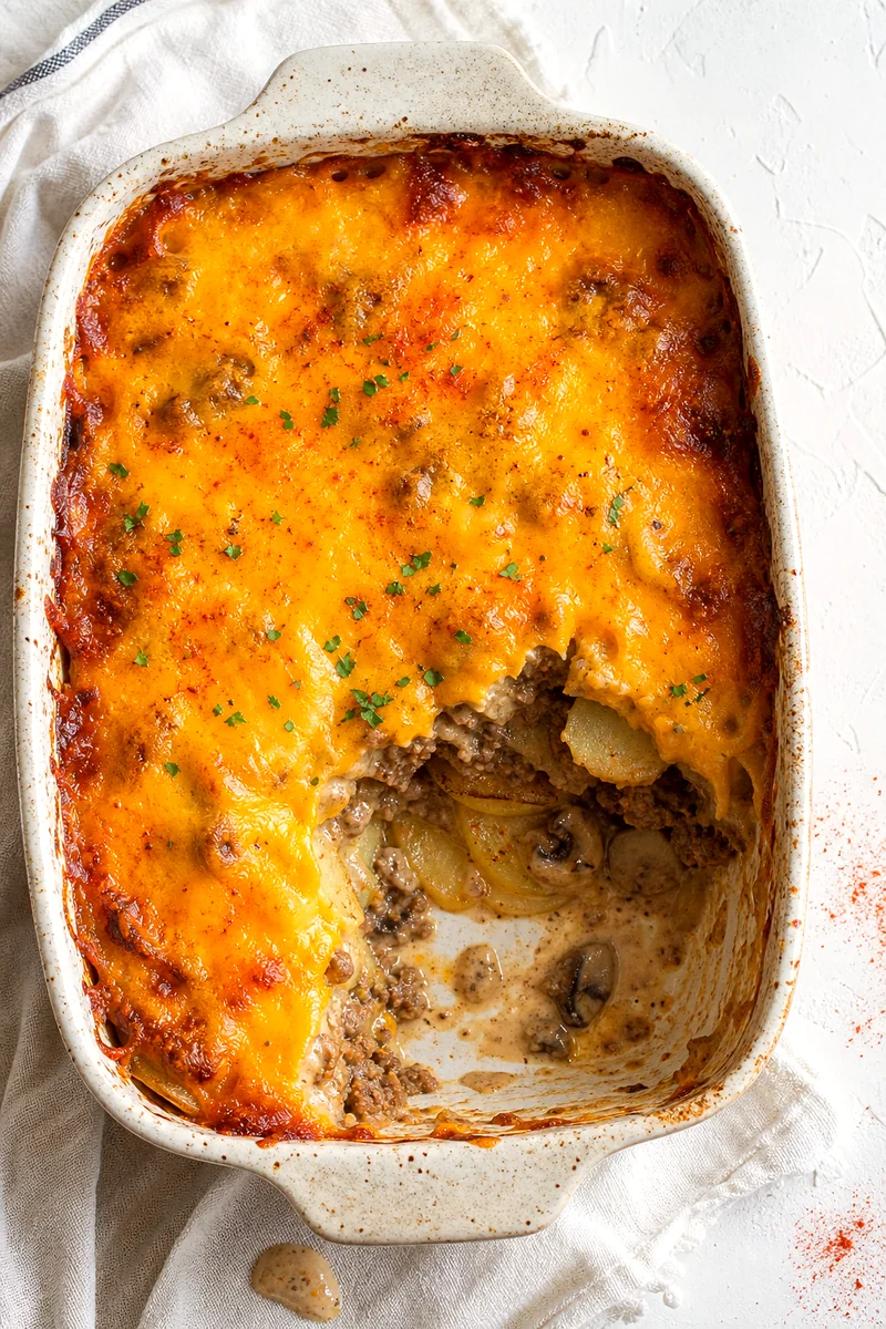 Baked hamburger potato casserole with melted cheddar and a serving removed from the dish