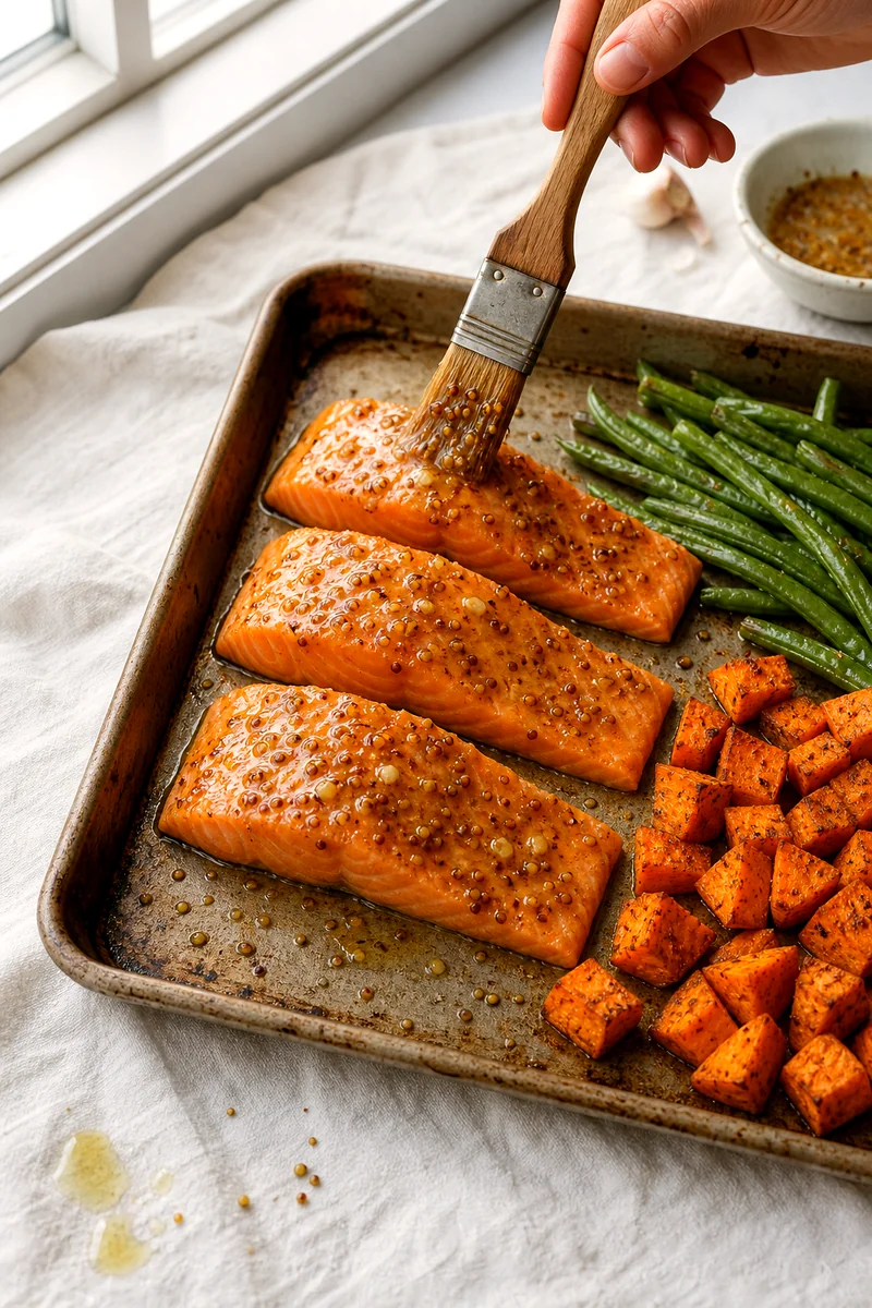 Salmon fillets brushed with honey mustard glaze on a tray with sweet potatoes and green beans