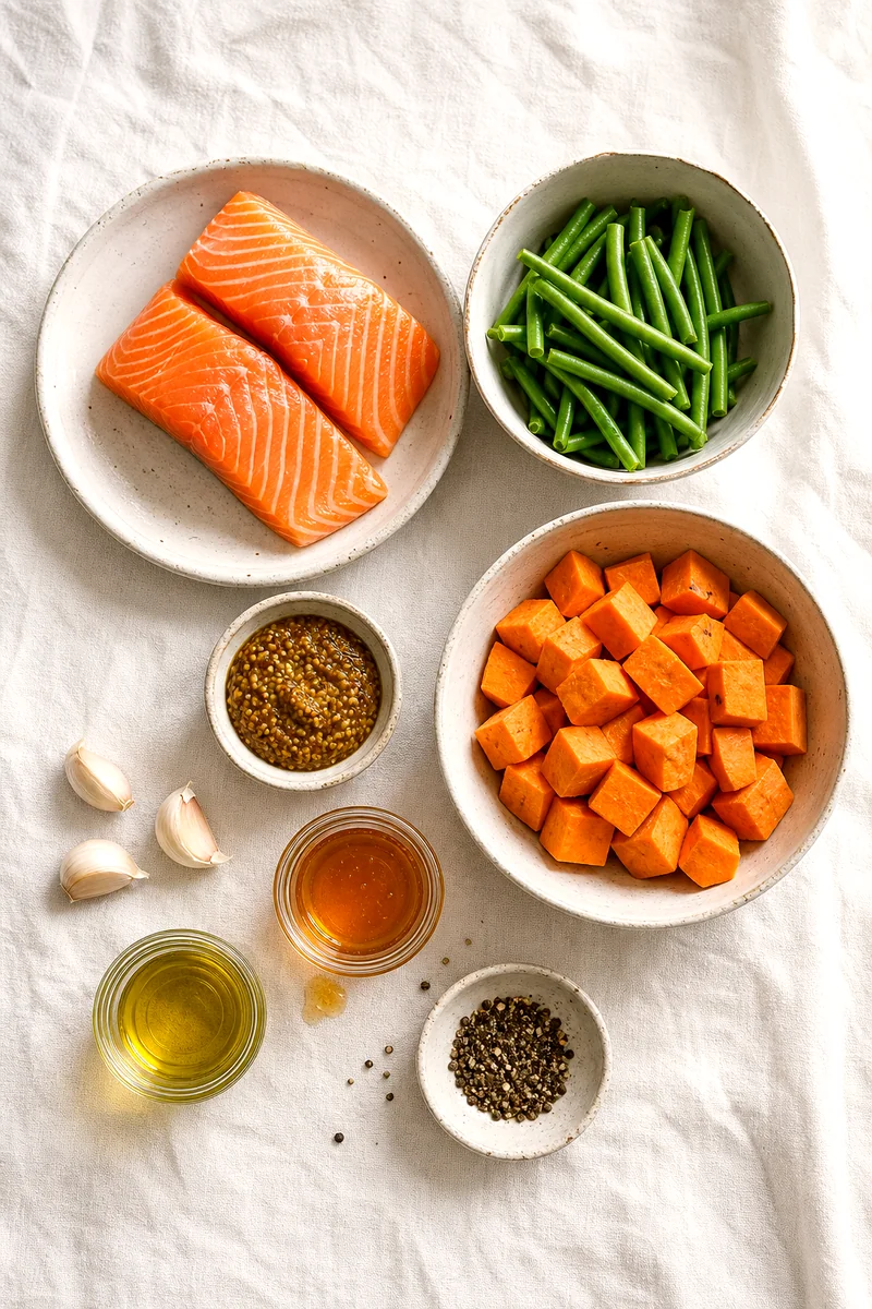 Salmon fillets, green beans, sweet potatoes, mustard, honey, olive oil, garlic, and black pepper arranged on white linen