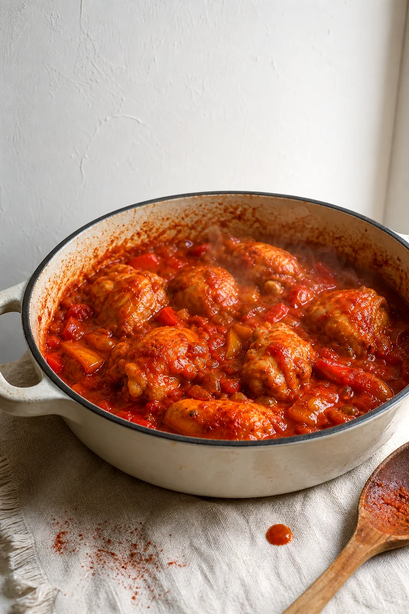 Chicken thighs simmering with paprika sauce, tomatoes, onions, and sweet pepper in a rustic pot