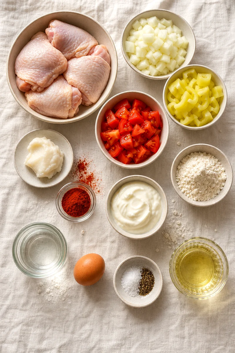 Chicken thighs, vegetables, paprika, sour cream, flour, egg, and seasonings arranged on white linen