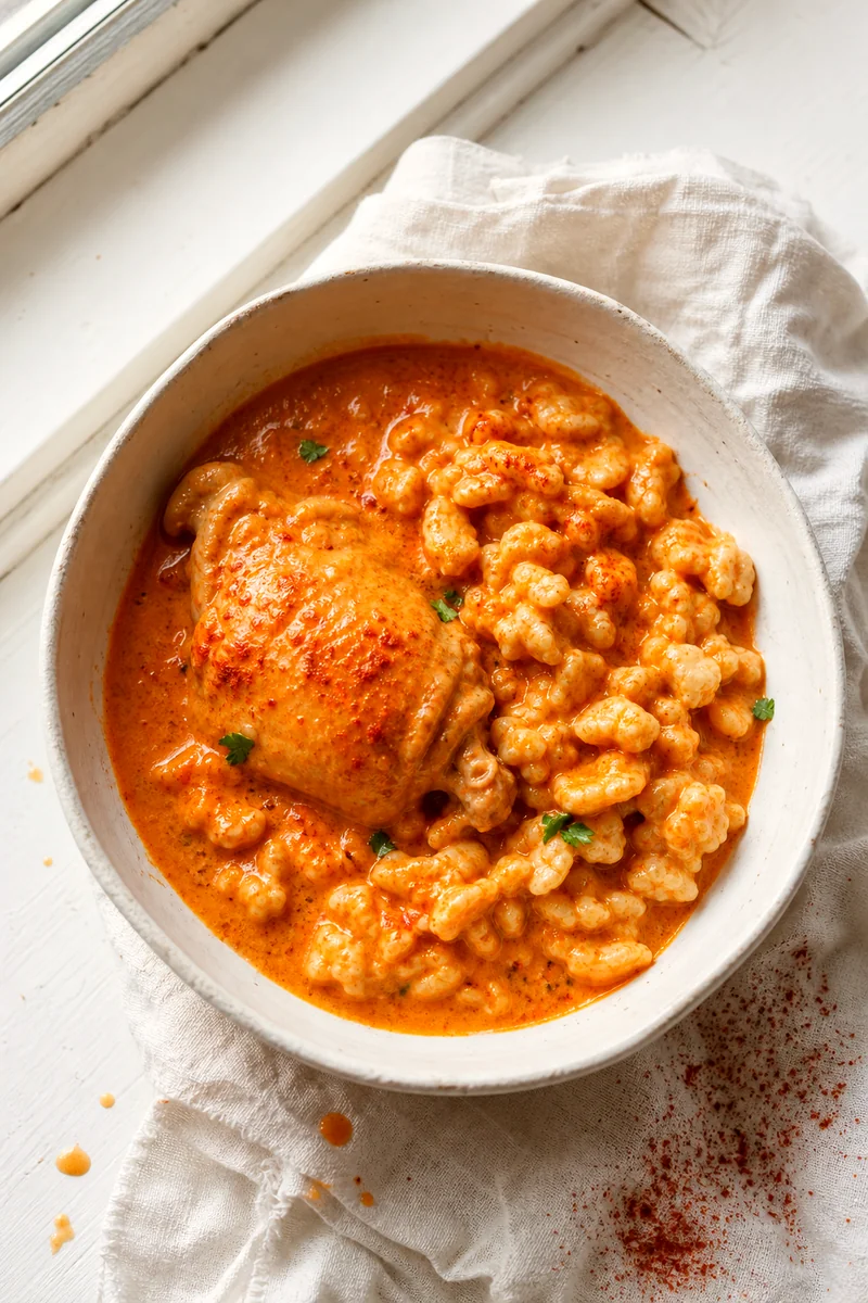Creamy chicken paprikash spooned over nokedli dumplings in a white ceramic bowl