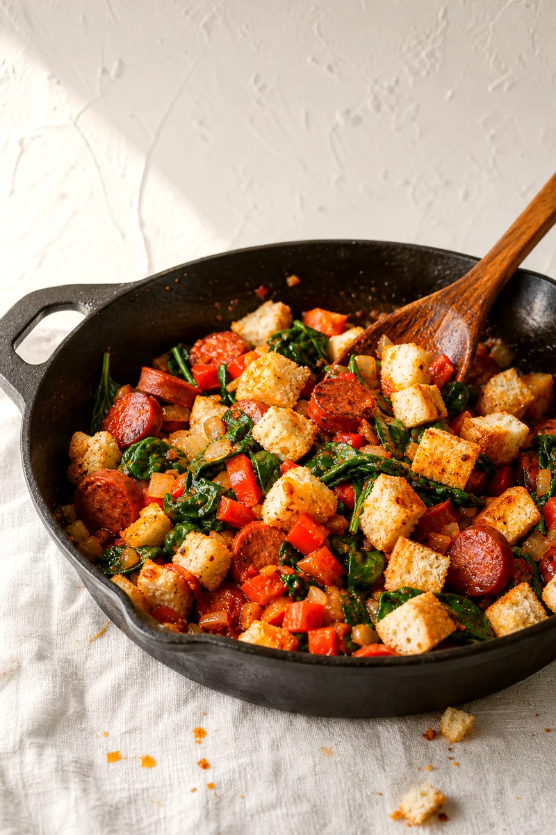 Skillet with sausage, spinach, bell pepper, onion, and bread cubes cooking together