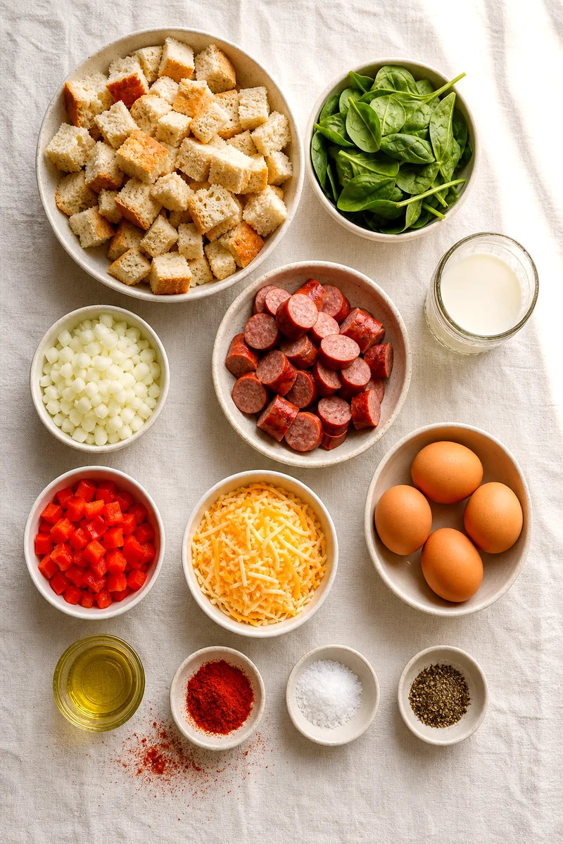 Cubed bread, eggs, spinach, sausage, vegetables, cheese, milk, and paprika arranged on white linen