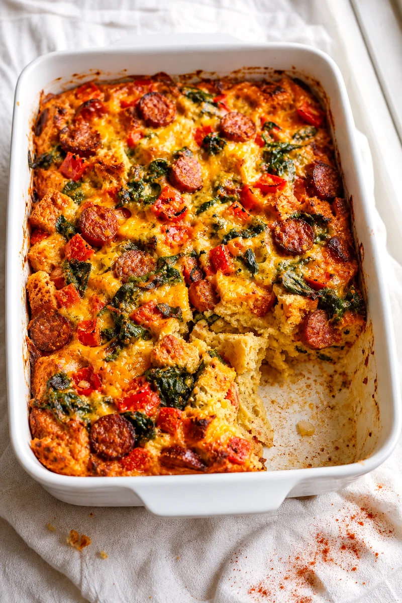 Baked egg casserole with golden cheese, sausage, spinach, and bread in a white ceramic dish