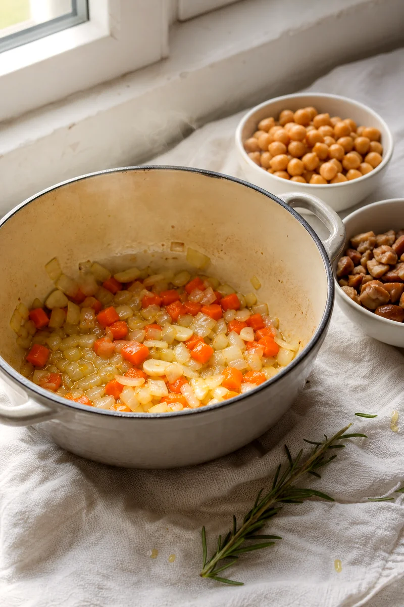 Onion, garlic, and carrots sautéing in olive oil with chickpeas and chestnuts nearby