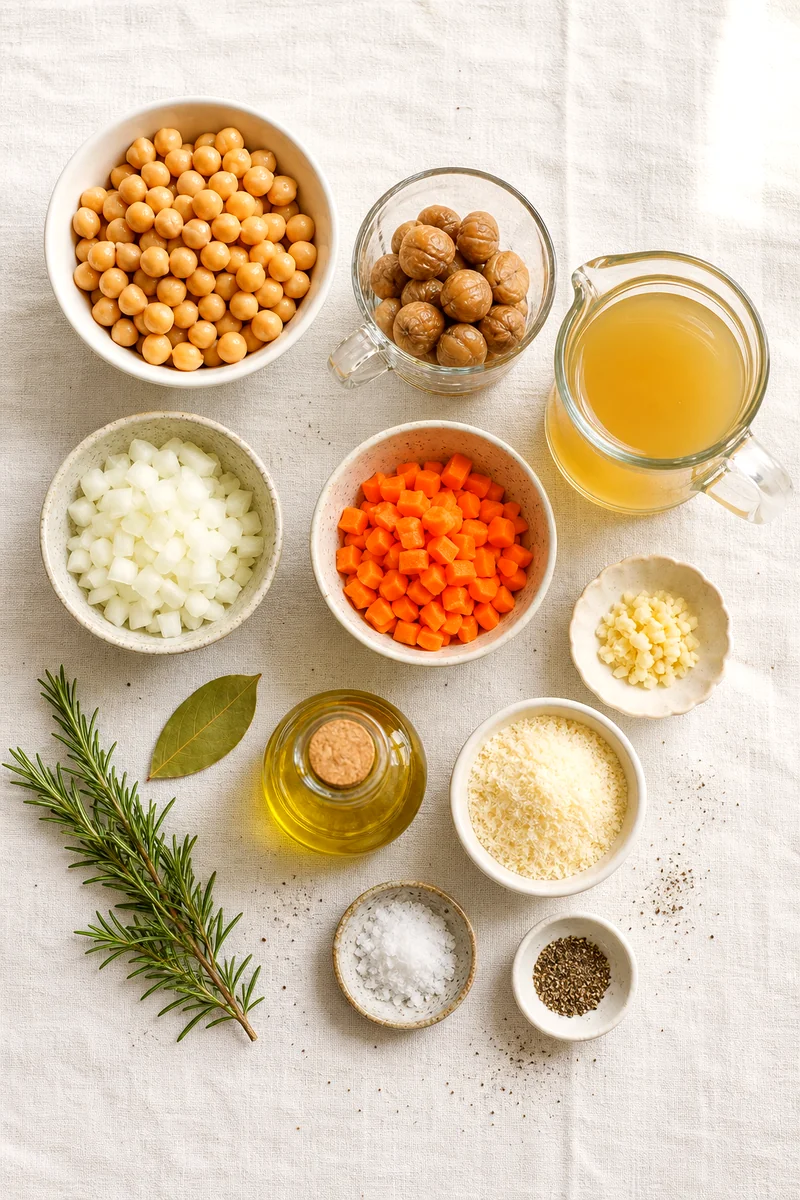 Chickpeas, cooked chestnuts, carrots, onion, garlic, broth, rosemary, bay leaf, olive oil, and Parmesan arranged on white linen