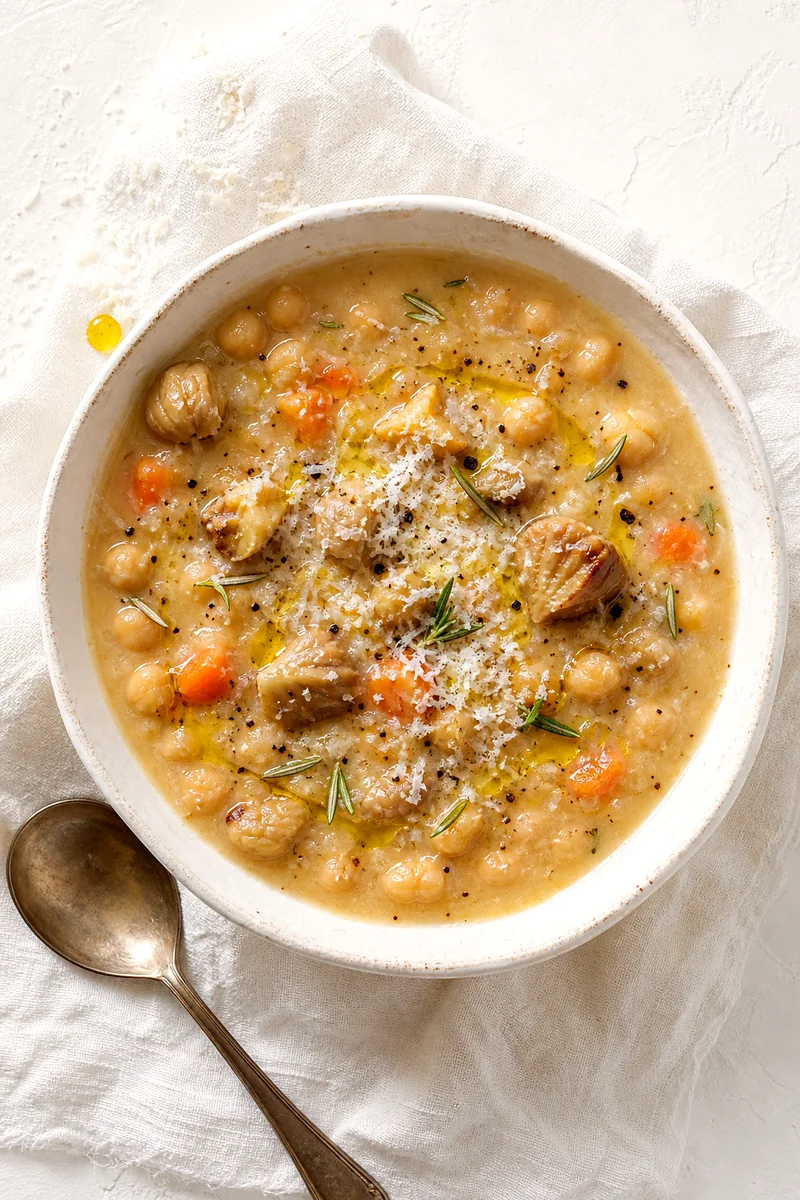 Top-down view of creamy chickpea and chestnut soup with Parmesan, rosemary, carrots, and olive oil