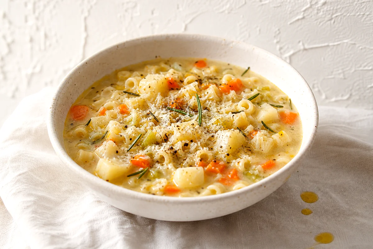 Creamy pasta and potato soup in a white ceramic bowl with Parmesan and black pepper