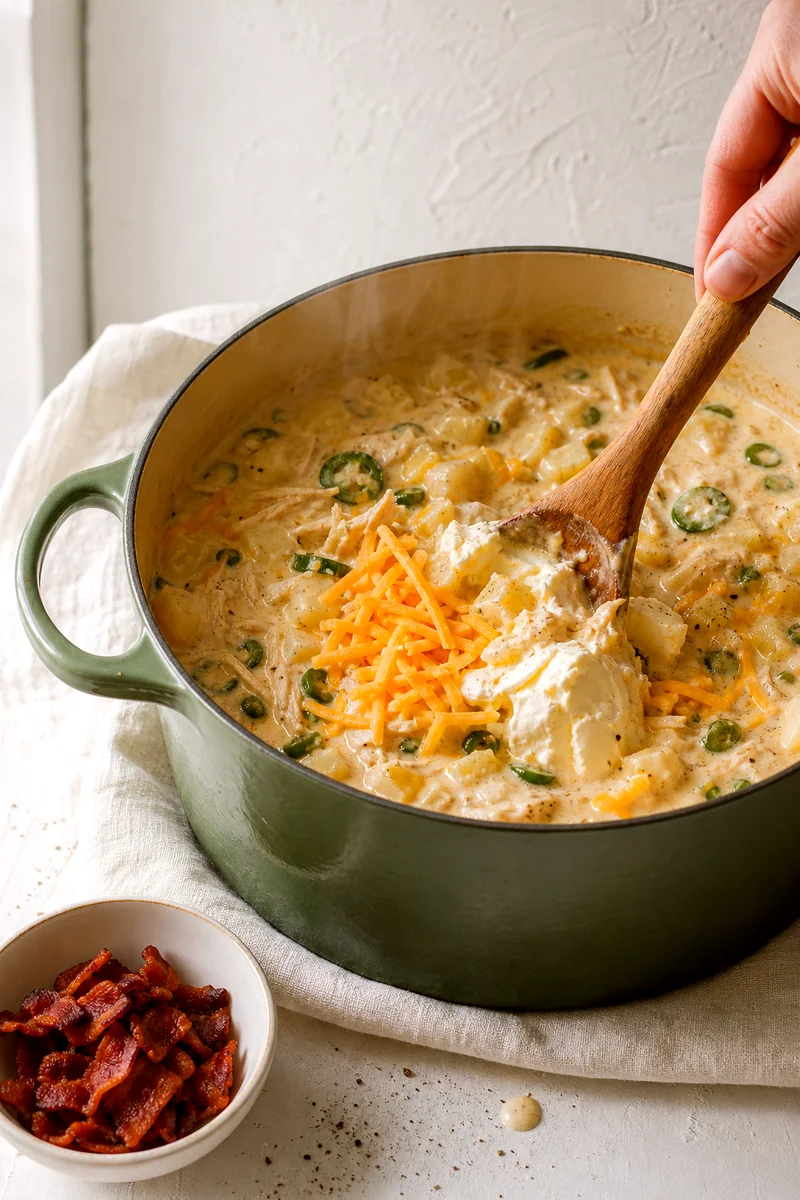Wooden spoon stirring cheese into creamy chicken soup with potatoes and jalapeños