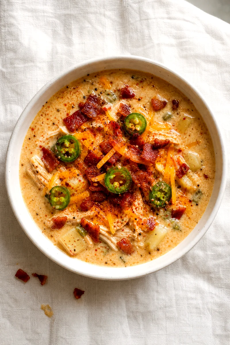 Top view of creamy jalapeño chicken soup topped with bacon, cheddar, and jalapeño slices
