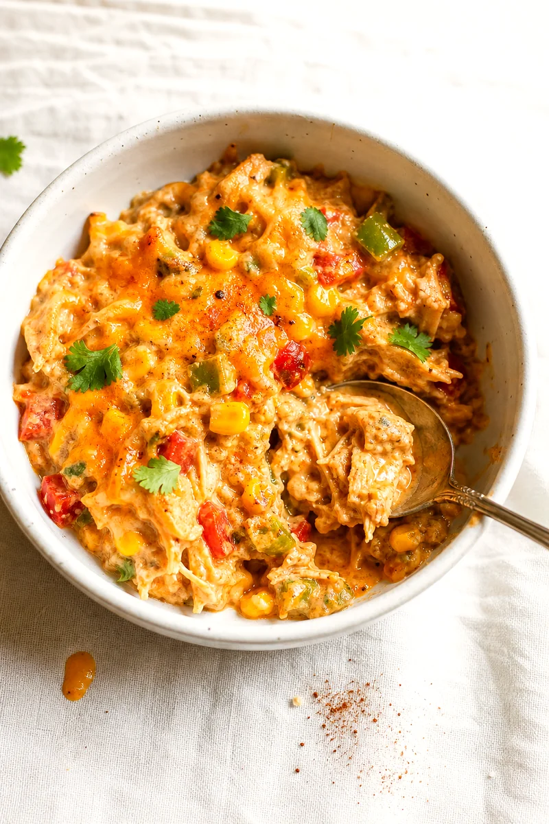 Creamy chicken casserole with melted cheddar served in a white ceramic bowl