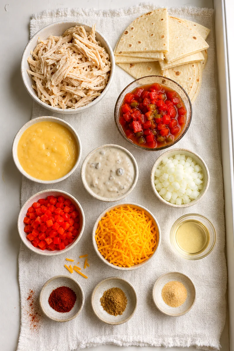 Shredded chicken, corn tortillas, soups, tomatoes, vegetables, cheese, and spices arranged on white linen