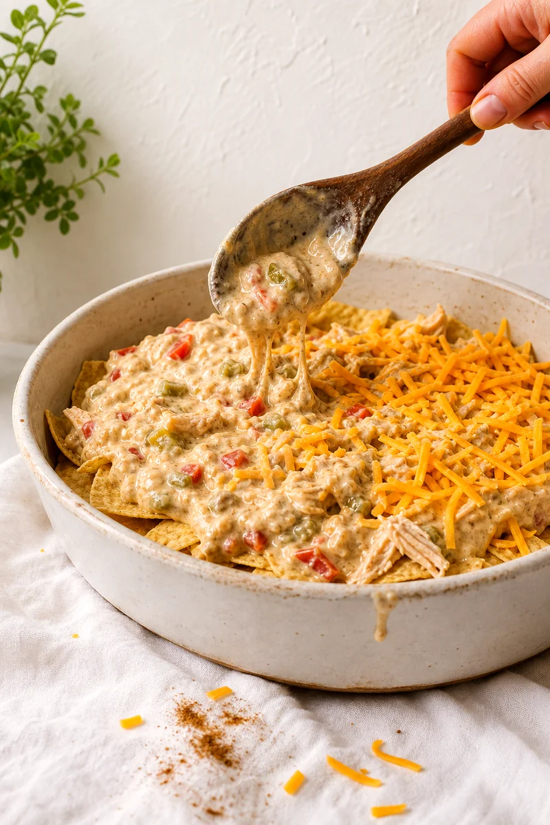 Creamy chicken mixture and cheddar layered over corn tortillas in a white baking dish
