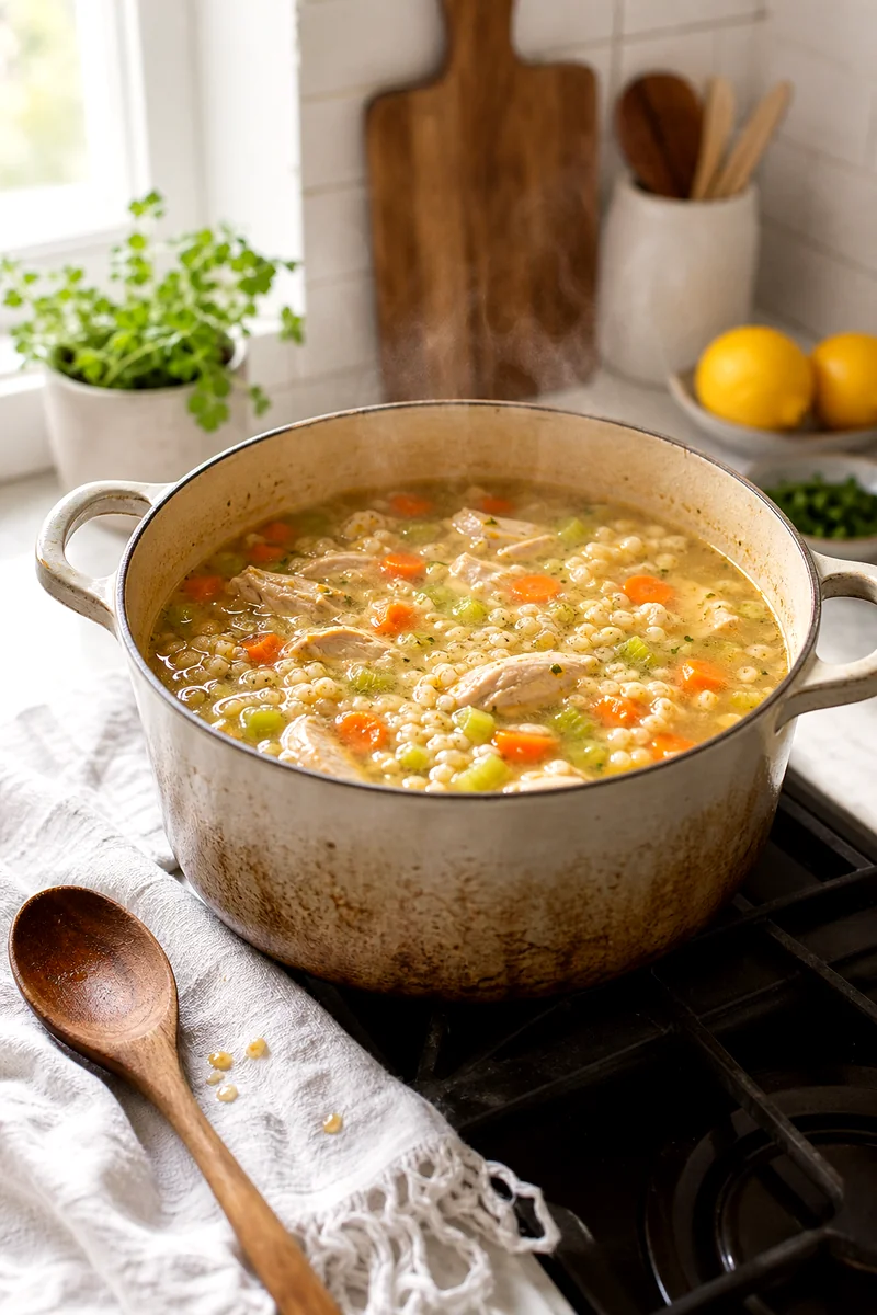 Chicken breast simmering with barley, carrots, celery, onion, garlic, and broth in a pot