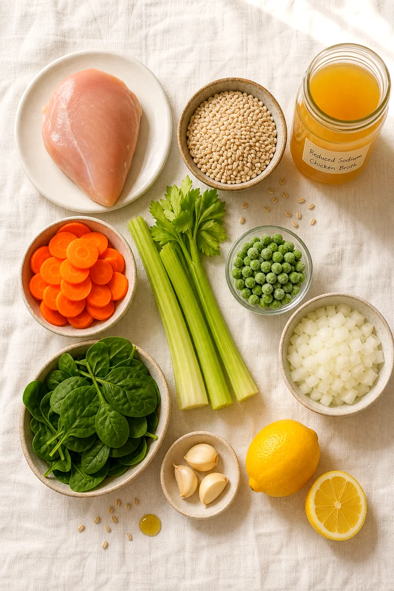 Chicken breast, barley, carrots, celery, spinach, peas, onion, lemon, garlic, and broth arranged on white linen
