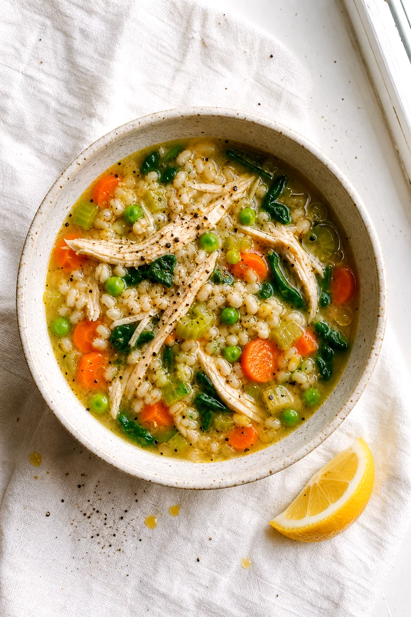 Top-down bowl of lemon chicken barley soup with vegetables, barley, shredded chicken, and lemon wedge