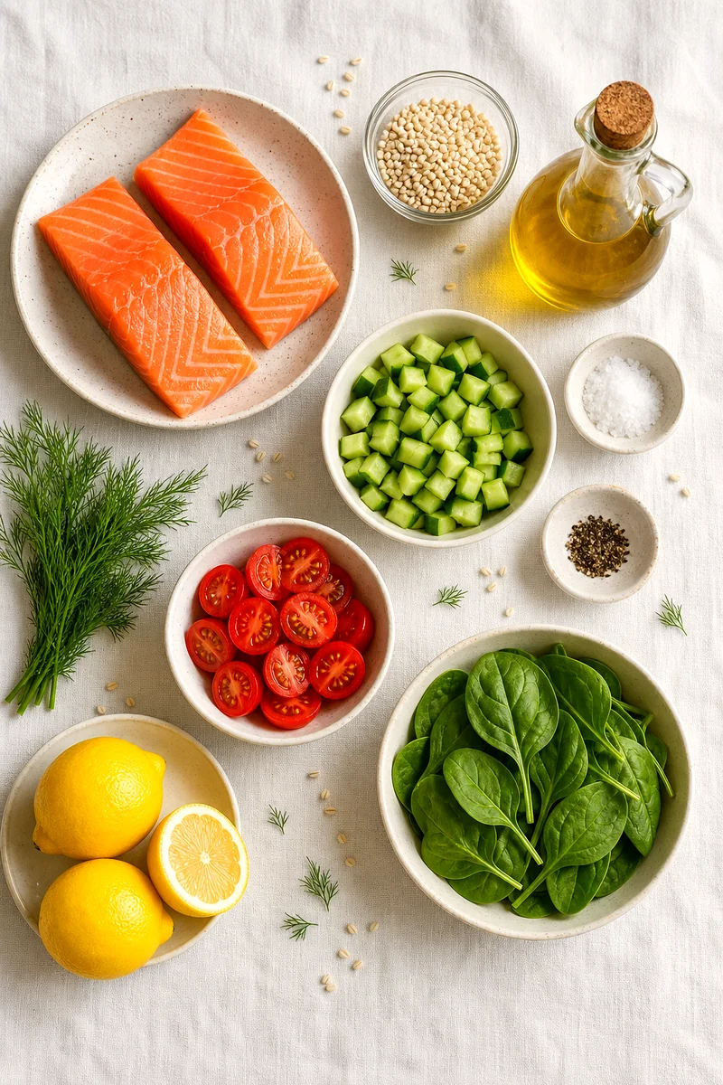 Salmon, pearl barley, cucumber, tomatoes, spinach, dill, lemons, and olive oil arranged on white linen