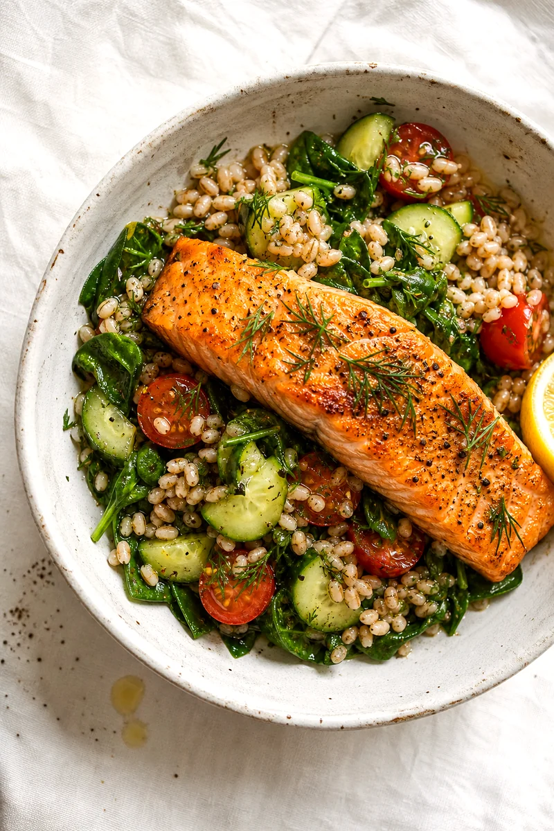 Top down bowl of lemon dill salmon with barley, cucumber, tomatoes, spinach, and herbs