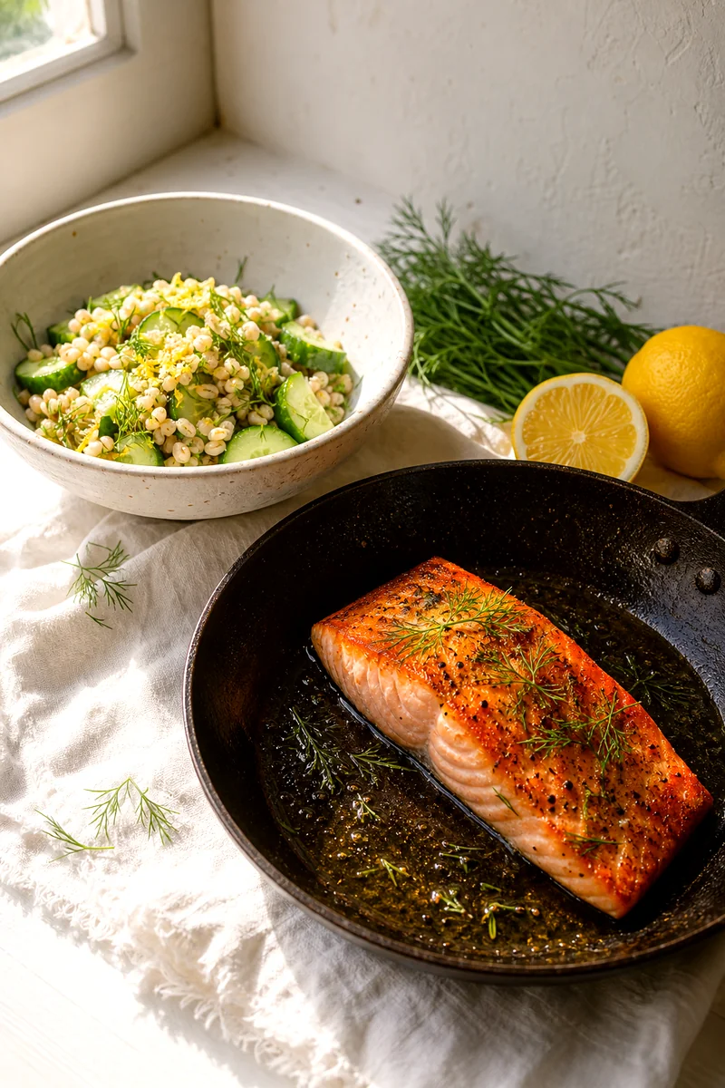 Salmon fillet searing in a skillet beside a bowl of barley cucumber salad