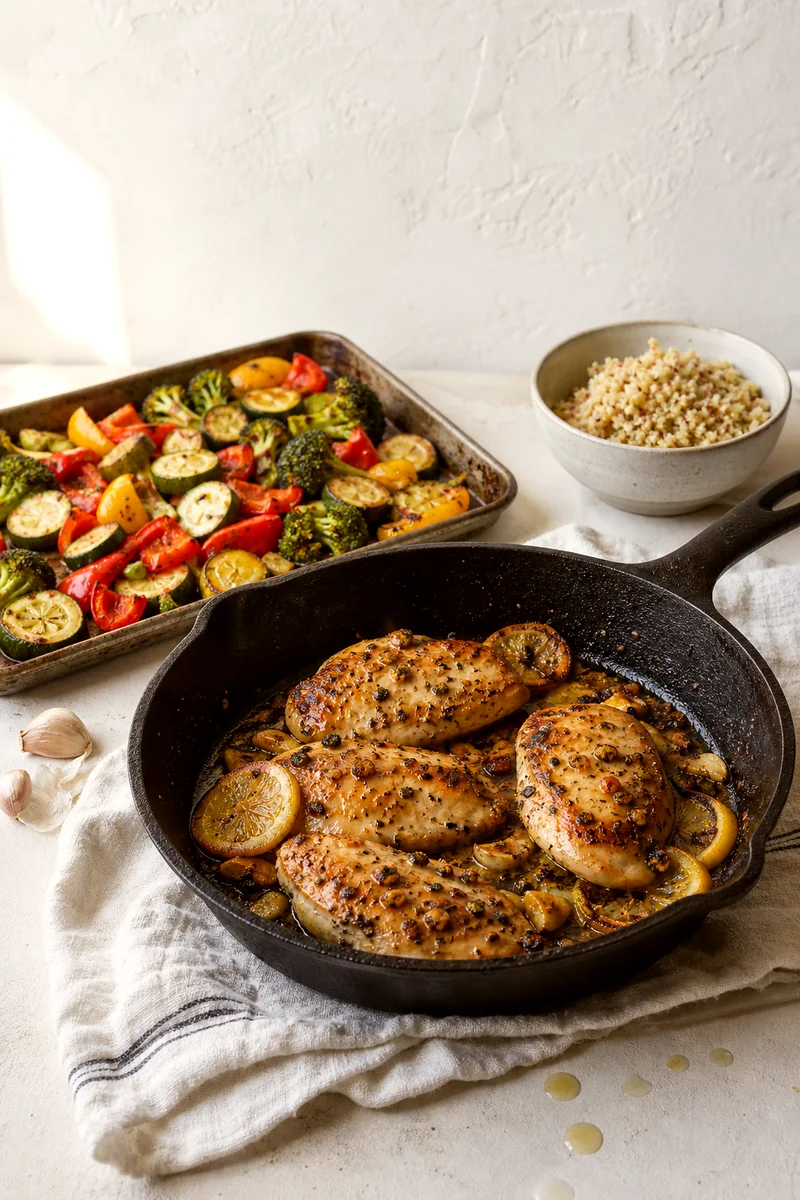 Chicken breast searing in a skillet with roasted vegetables and cooked quinoa nearby