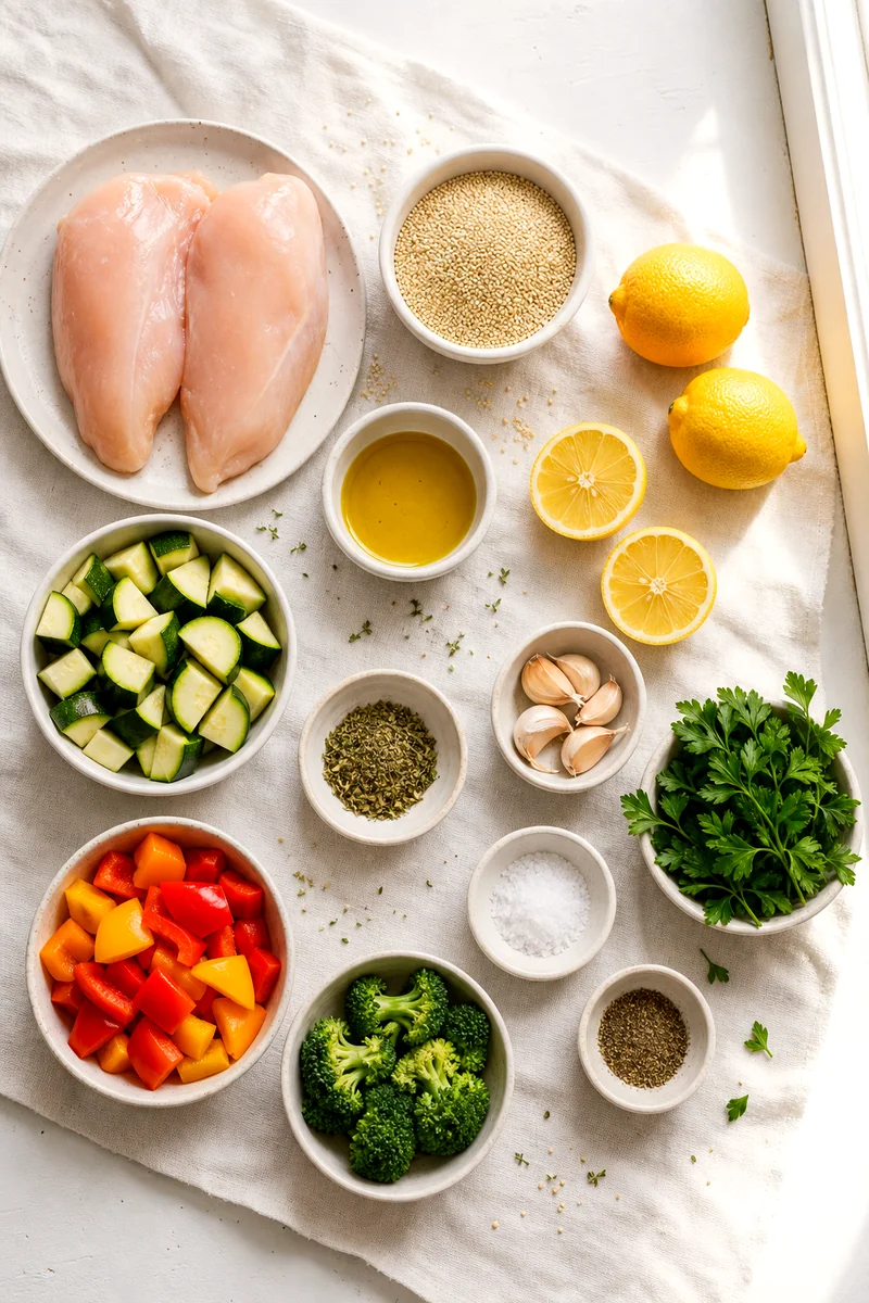 Chicken breast, quinoa, zucchini, bell peppers, broccoli, lemon, garlic, olive oil, and herbs arranged on white linen