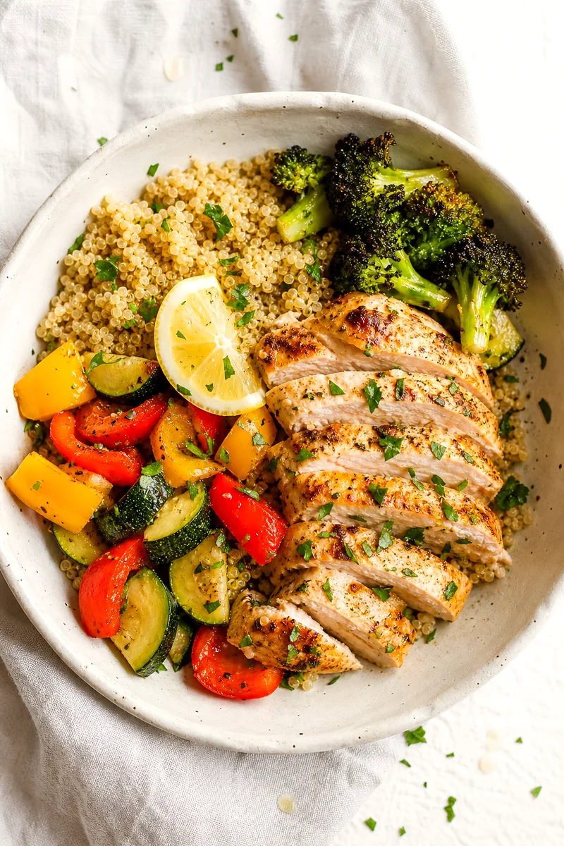 Top down bowl of sliced lemon garlic chicken with quinoa and roasted vegetables